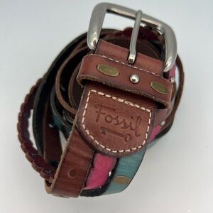 Fossil Multicolor Braided Leather Belt Red Turquoise Brown Women’s Size M/L
